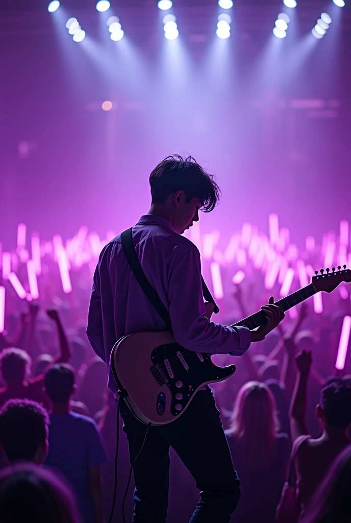 BTS's Suga with a guitar on stage with people all dressed in purple
