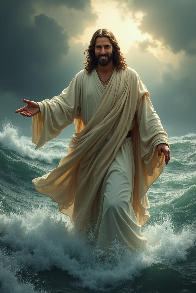 (photorealism:1.2), Jesus Christ, on the waters of the sea, dressed in a cloak, in the middle of a storm, calm, smiling at me, showing his teeth, directing his hand forward, inviting me to take his hand, flat to the knees, realistic, intricate details, warm colors, by Greg Rutkowski, by Alphonse Mucha