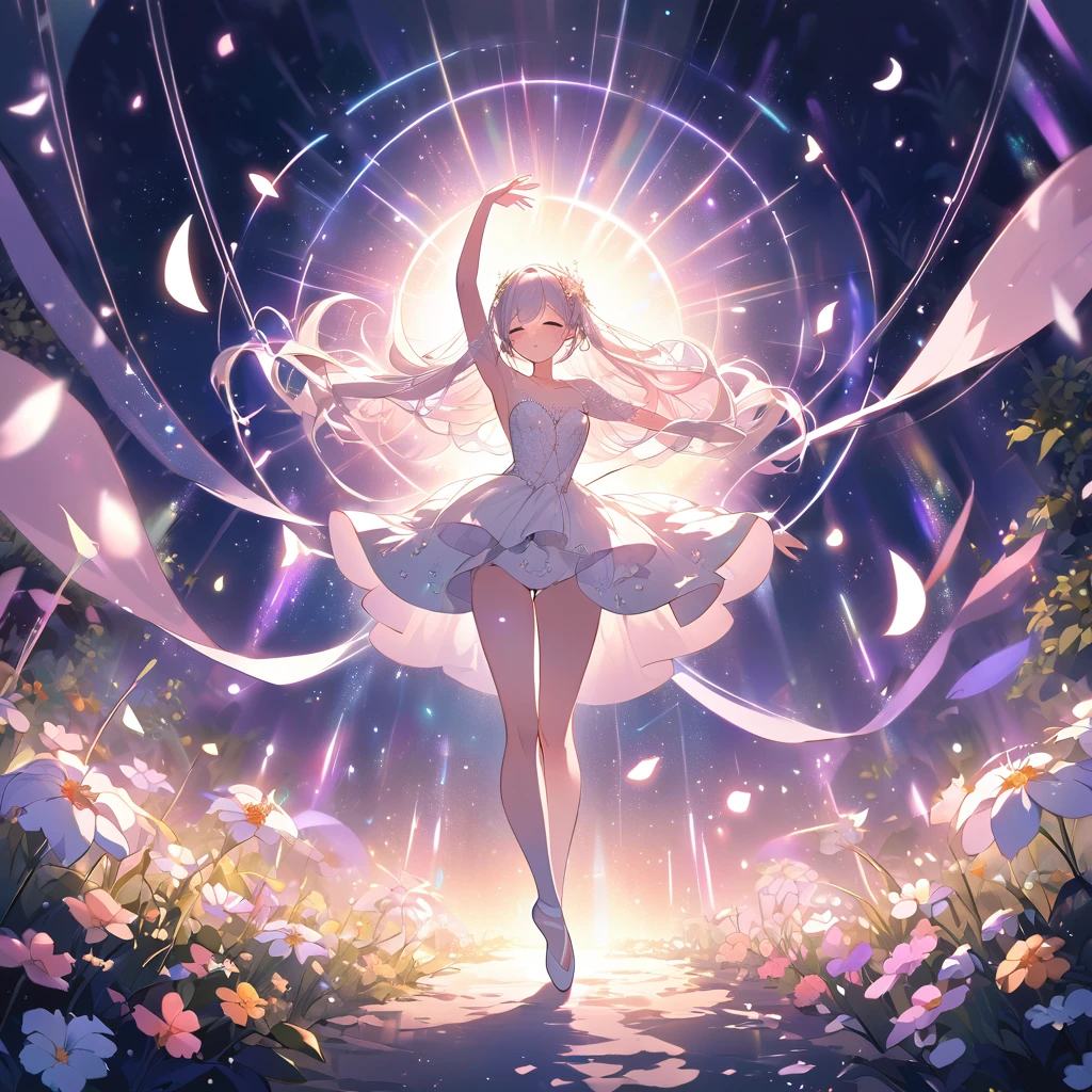 A pastel-colored anime-style illustration set in a nighttime scene. In the center of a flower-filled clearing, a beautiful girl in a revealing dress is gracefully performing ballet. Surrounding her are colorful musical notes floating gently in the air, as if waiting to be played. The atmosphere is magical and serene, with the soft glow of moonlight adding a delicate touch to the scene."