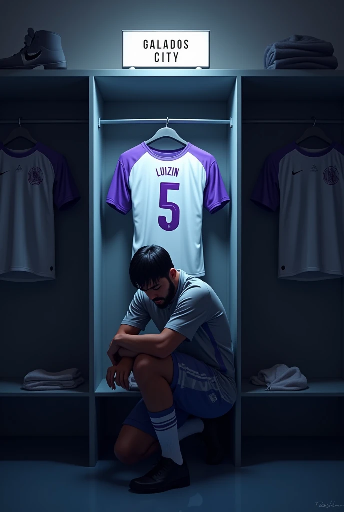 football locker room with a football player's cabin in this cabin there will be a white shirt with purple details (minimalists) on the collar and at the tip of the sleeve the shirt must be showing the back with the name LUIZIN highlighted and the shirt number must be number 5, the cabin at the top must contain the name of the club which is GALADOS CITY, all ambient light must be off, only the light of the sign with the name GALADOS CITY and a low light above the shirt indicating prominence must be on, and other shirts on the side.The image should be centered and not too far away) and the player with slightly dark skin, short straight black hair and a beard showing that he cares about the current fashion style must be wearing pre-game clothes different from the shirt that is hanging in the locker room, the one he is wearing is gray with purple details on the sleeve and collar of the shirt and on the shorts, the player in the image must be on his knees with his head down (indicating pre-game concentration)