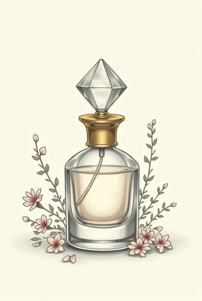 A painting with an antique diamond-shaped perfume bottle. dainty, colorless pencil drawing. vintage frasco, with small branches of flowers. Painting only on the golden lid