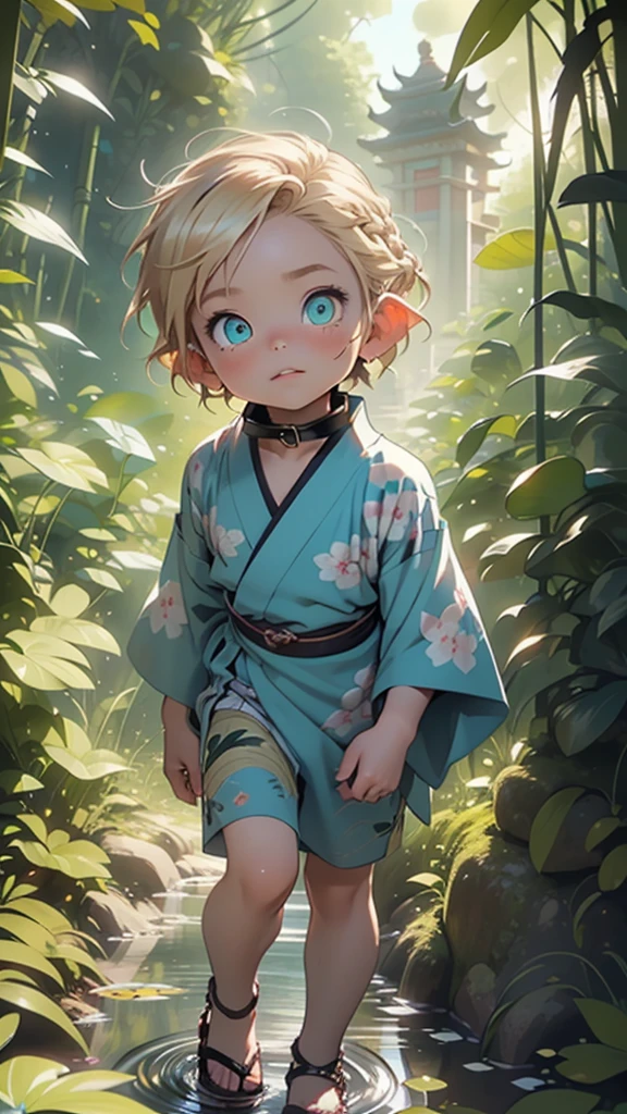 1child,(1boy:1.5),:1.5,teenager,femboy,Libido boy,Female physiognomy,elf,(elf ears), (blonde archer),

,((( boy,boy,kid,kinly,ld,1boy,mender))),

((blonde hair:1.5,short detailed hair,short blonde hair with a braid,braid adorned with white flowers)),(((turquoise_eyes:1.3))),intricate eyes,beautiful detailed eyes,symmetrical eyes,big eyes:1.5,child's chest,((kid body,a little chubby,good anatomy,accurate body proportions,detailed shota body for young boy:1.3,))),

happy man,(nsfw),cute,

((turquoise panties with a wolf fur sarong brown)),(tiny bulge on panties),(short turquoise kimono,half-naked kimono:1.5),((brown wolf fur coat)),(bandages on his hands),(moon earrings),(ornamental bandages on his chest and arms),(((slave collar,Long chain leash connected to her collar,shackles))),(((intricate outfit,intricate clothes))),

(dynamic pose:1.0),embarrassed,(centered,scale to fit dimensions,Rule of thirds),

outdoors,(waterfall,bamboo,river,bamboo forest,japanese temple,red lanterns burning,temple in the forest,mossy stairway in the temple,dilapidated temple,bamboo sanctuary,),scenery,extremely scenery,(puddles everywhere,moss,moss on the background),clouds,lily pads,(sunset, golden hour),

(Glossy japan ornaments),highres,sharp focus,(ultra detailed,extremely detailed),(photorealistic artwork:1.37),(extremely detailed CG unity 8k wallpaper),(((vibrant colors,vibrant theme))),(intricate),(masterpiece),(best quality),artistic photography,(photography taken by sldr),(intricate background),perfect rendered face,perfect face details,realistic face,photo realistic,((intricate detail)),(((realism))),
