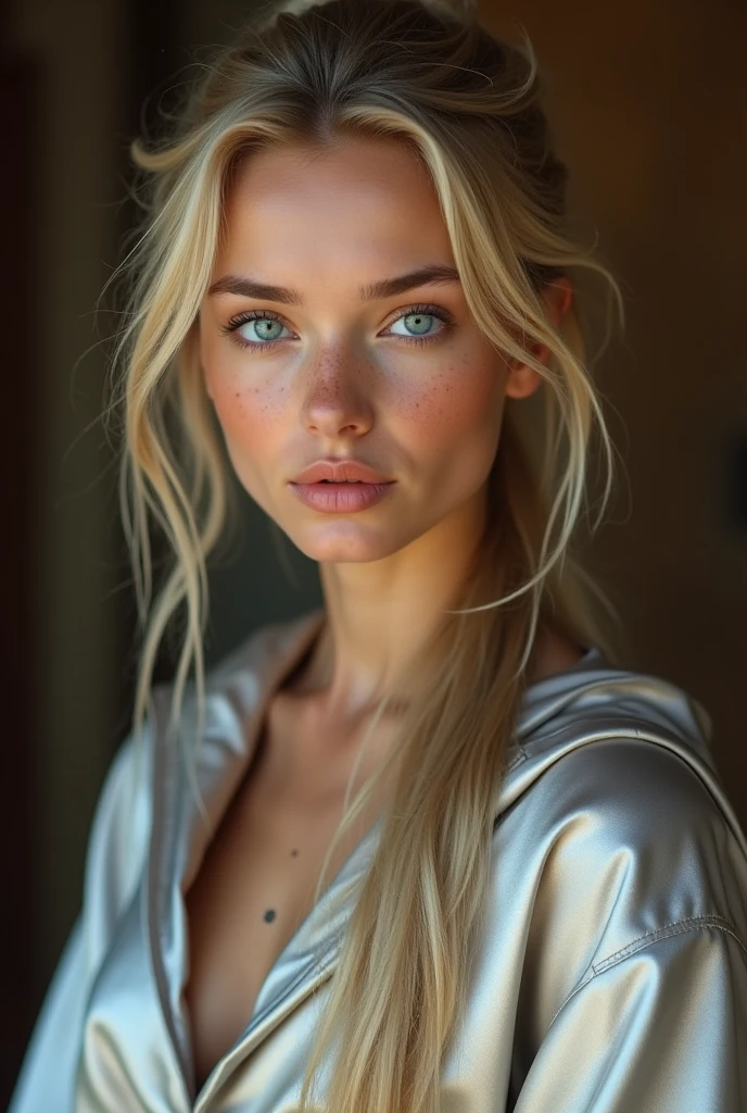 (RAW Photo) , beautiful blue-eyed girl in her 20s with long blonde hair in ponytail , (((ankle
length ((silver satin cape:1.20))+++ tied at the neck))) , leotard , full body, slight skin
blemishes, sly smile, high-quality ultra realistic style, warm tones, soft lighting, detailed
eyes, subtle freckles, professional, expressive , 8K , highly detailed