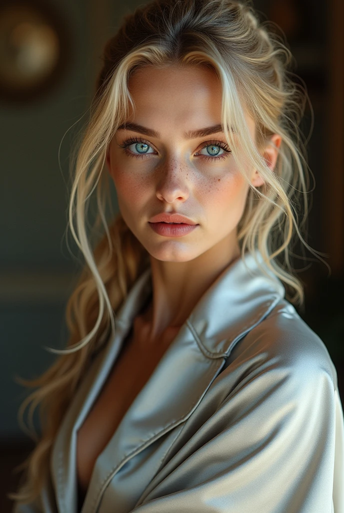 (RAW Photo) , beautiful blue-eyed girl in her 20s with long blonde hair in ponytail , (((ankle
length ((silver satin cape:1.20))+++ tied at the neck))) , leotard , full body, slight skin
blemishes, sly smile, high-quality ultra realistic style, warm tones, soft lighting, detailed
eyes, subtle freckles, professional, expressive , 8K , highly detailed