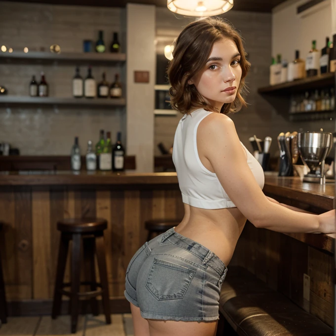 Jewish woman, 25 yeats old, short light redhead wavy hair side hairstyle, Big bust, posing long from back in photo in fullbody, tight and sleeveless white cropped, gray short jeans shorts, black pantyhoses, high heels, standing in a bar, detailed face