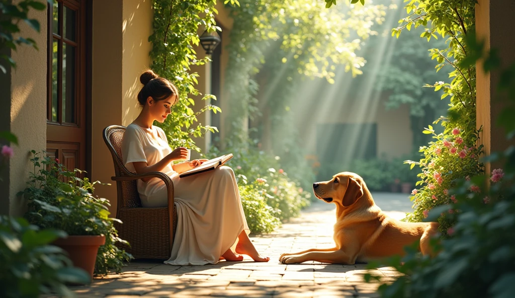 early morning,Sunlight spills into the courtyard.Flowers and trees grow luxuriantly on the stone road.Hostess sitting in wicker chair reading.Enjoy coffee and sunshine.There's a big yellow dog lying next to him.It’s a comfortable and peaceful morning moment..masterpiece, best quality, Ultra-high resolution, (Very detailed), (1 Fair Girl), (abstract:1.4),Green, visually stunning,( perfect anatomy )