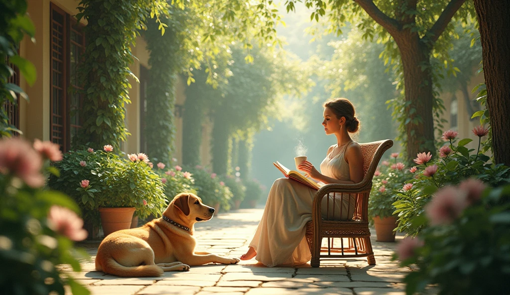 early morning,Sunlight spills into the courtyard.Flowers and trees grow luxuriantly on the stone road.Hostess sitting in wicker chair reading.Enjoy coffee and sunshine.There's a big yellow dog lying next to him.It’s a comfortable and peaceful morning moment..masterpiece, best quality, Ultra-high resolution, (Very detailed), (1 Fair Girl), (abstract:1.4),Green, visually stunning,( perfect anatomy )