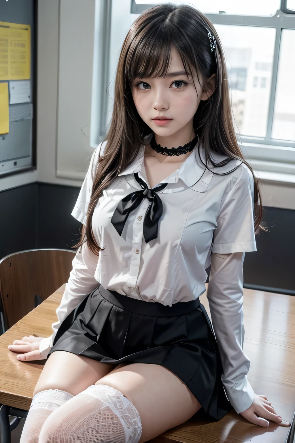 , School girl, white and black uniform, white and black skirt, black lace choker, white lace thigh highs, looking at viewer, class room background, sitting on desk, seductive, dark eyeliner, sexy eyeliner,