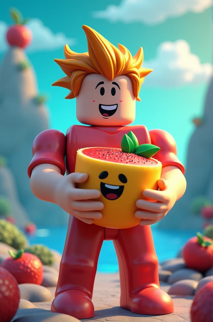 Create a Roblox character holding a fruit from the meme sea
