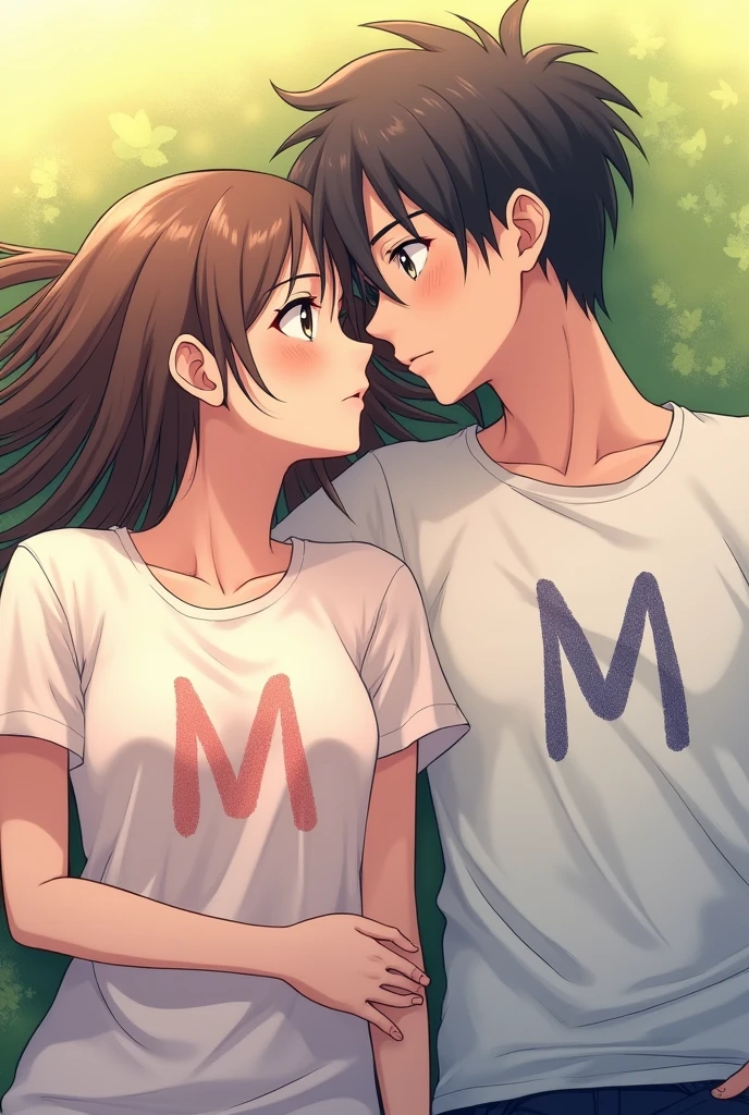 Anime couple lying down with the initials M and A on their shirts