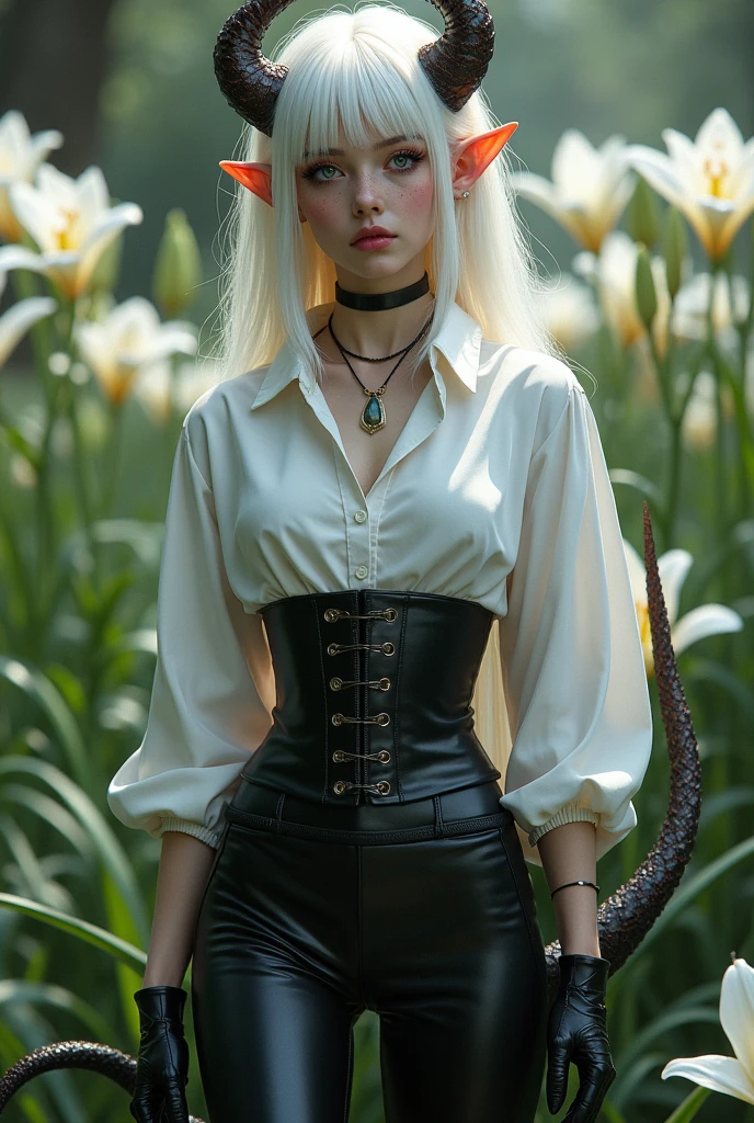 A woman with long straight white hair with green tips,I want a flower on one breast and another flower on the other breast,  will wear a white fur coat to cover himself and will wear a furry white and black boot,she will wear a green crocodile leather mini skirt,she will do a model pose,I want her to be beautiful, with the face of a serious model,she will be in the middle of an enchanted garden
