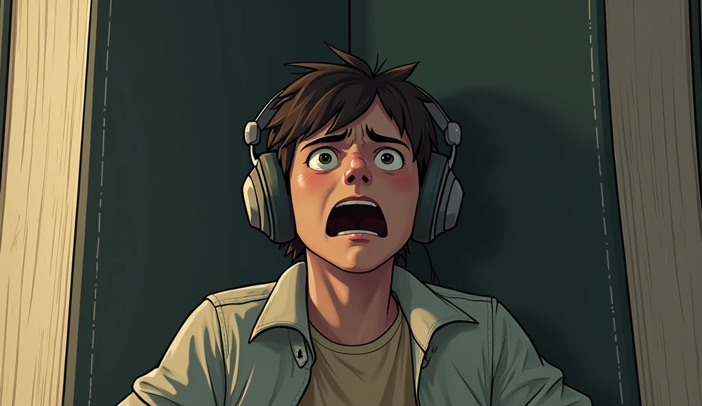 A age male wearing headphones with a desperate expression, while a giant book barely suffocates him
