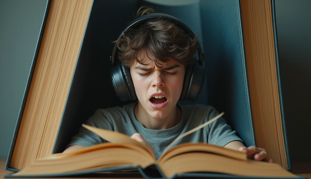 A teenage male wearing headphones with a desperate expression, while a giant book barely suffocates him