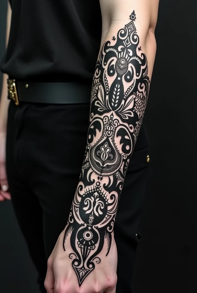 Tattoo blackwork ornamental dark en todo el antebrazo