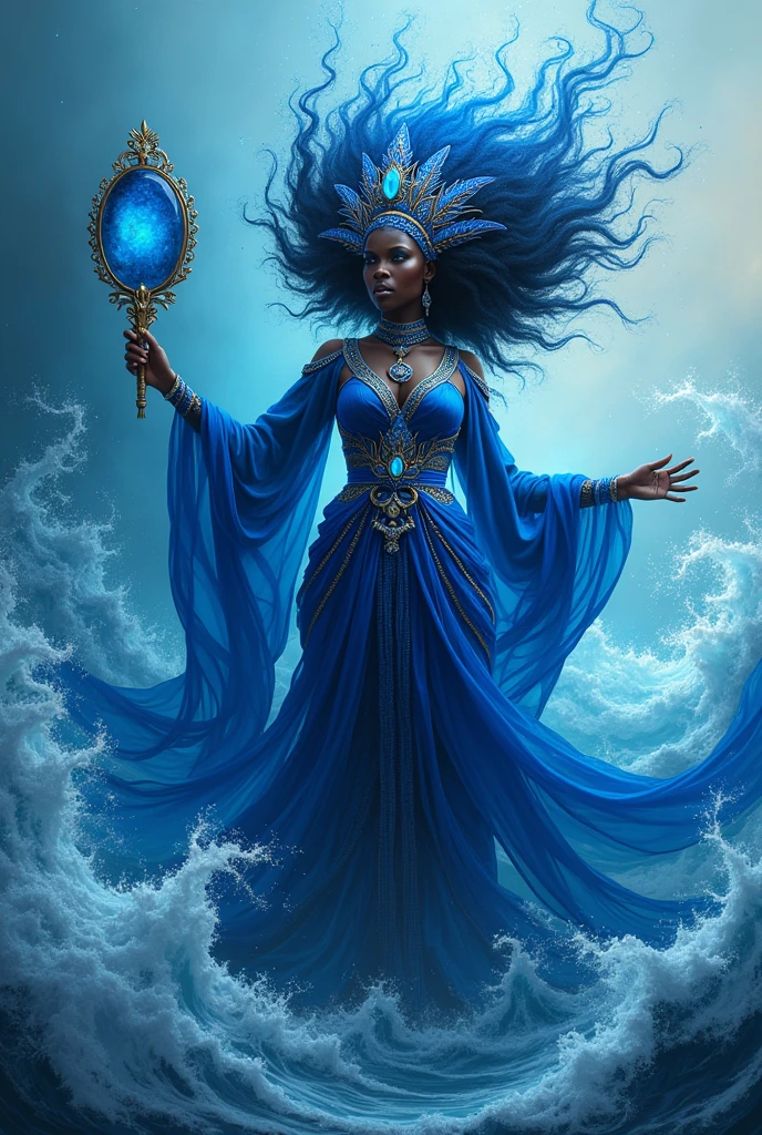 Black-skinned female orixa Yemanja in blue clothing with her blue mirror in the saltwater sea with her beautiful tiara in the ocean waves