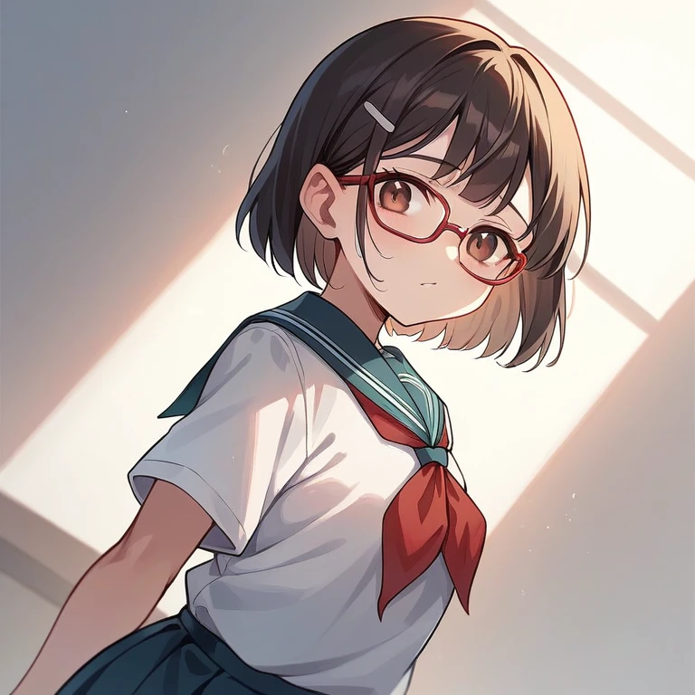 "Create a cute and youthful looking anime style female character. She has short black hair, smooth and well aligned, which is just below the ears. Her bangs are parted to the side, attached by a small white clip on the right side. She wears red-framed glasses that highlight her large, expressive light brown eyes., that convey a calm and reserved expression. Your skin is clear, with a slight pink tint on the cheeks, suggesting shyness. The character wears a classic Japanese school uniform, with a white shirt and blue details. The character&#39;s overall style should be friendly and approachable., reflecting an intelligent and somewhat introverted personality."