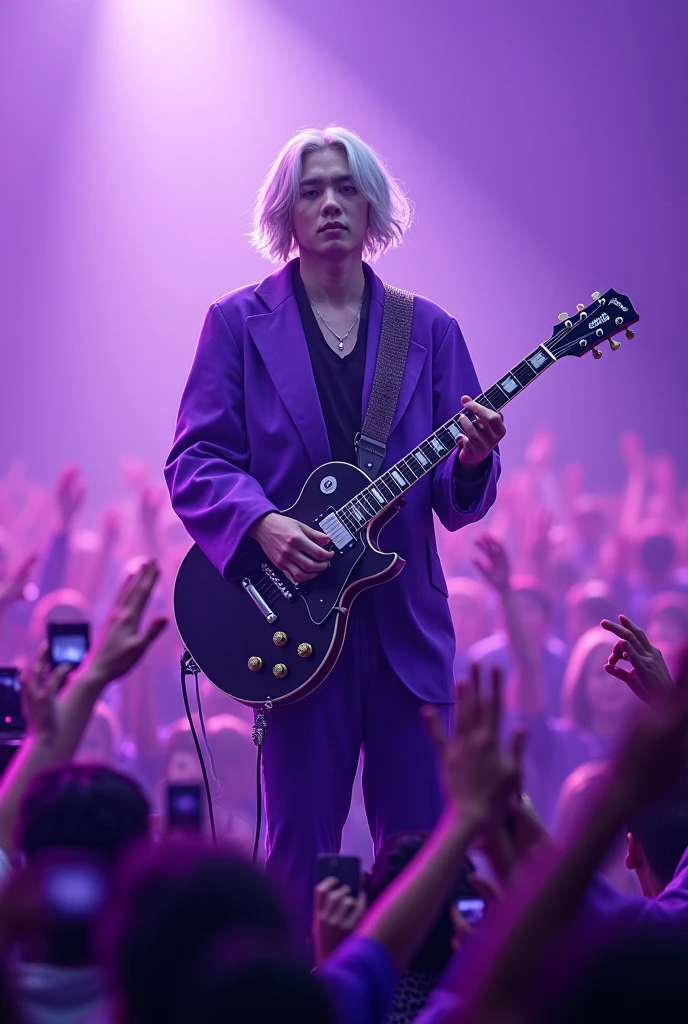 BTS's Suga with a guitar on stage with people dressed in purple