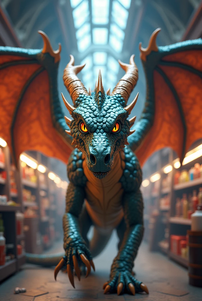 An image with the name Blox Shop and in the background a dragon coming towards the screen both have to be realistic 