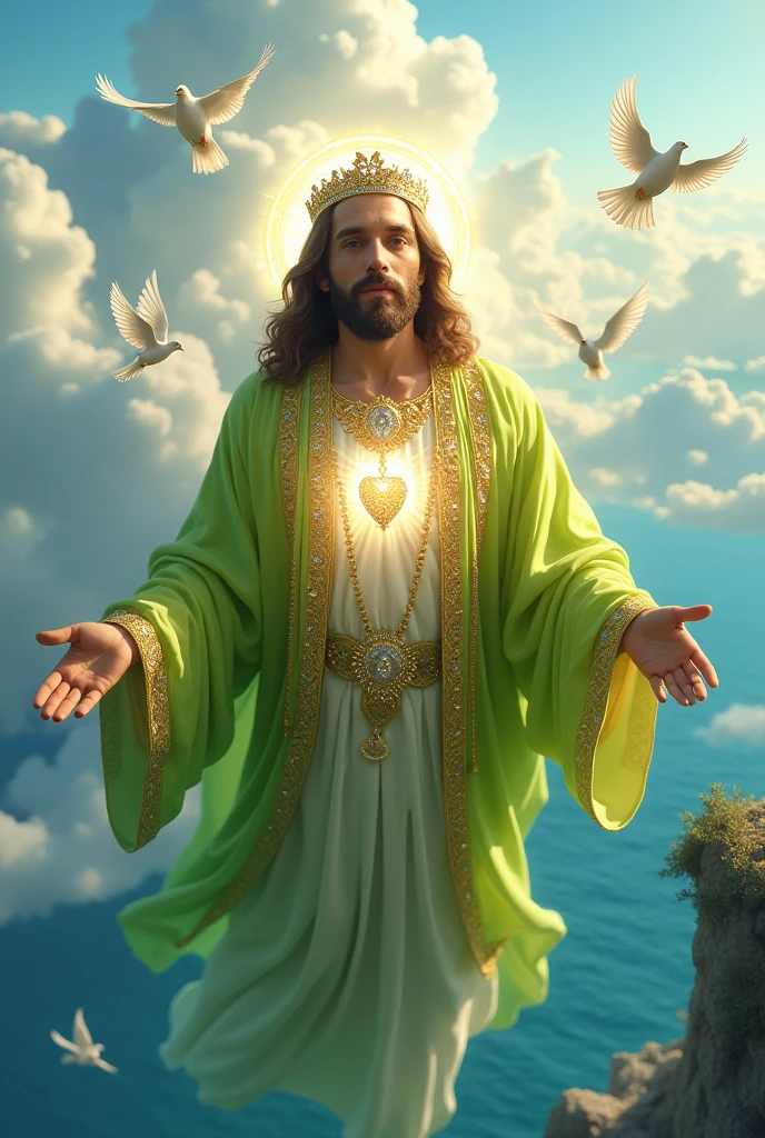 (photorealism:1.2), handsome Jesus Christ, the feet is floating in the blue water of the sea with many dove and so many clouds all over, wearing the lime color of King elegant clothes with many diamonds and crown sparkling with light, the head and heart lighting all over, focus on face looking at the camera, nice hair, outdoors, bright lighting, so many clouds and blue sea water in the background, so many clouds and dove all over, cozy blue sea, relaxed pose, realistic, intricate details, bright colors,