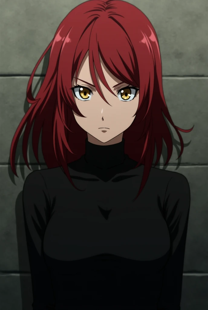Screenshot, anime style hunter x hunter 2011, A woman, medium height, gold eyes, Red hair, long loose, side bangs, serious face, comfortable black clothes, in front of a grey wall, low light