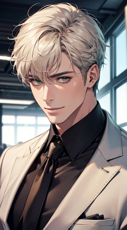 (Highest quality,4K,8K,High resolution,masterpiece:1.2),Super detailed,(Realistic,photoRealistic,photo-Realistic:1.37),1 personld,Mature Men,Beautiful skin、very handsome,Expressionless smile in love,Short white hair,green eyes,Sharp Eyes,A perfect face without a doubt,Businessman, CEO, Office Background,Cinema Lighting,HDR image,tie、