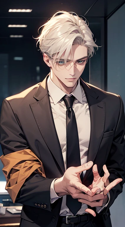 (Highest quality,4K,8K,High resolution,masterpiece:1.2),Super detailed,(Realistic,photoRealistic,photo-Realistic:1.37),1 personld,Mature Men,Beautiful skin、very handsome,Expressionless smile in love,Short white hair,green eyes,Sharp Eyes,A perfect face without a doubt,Businessman, CEO, Office Background,Cinema Lighting,HDR image,tie、