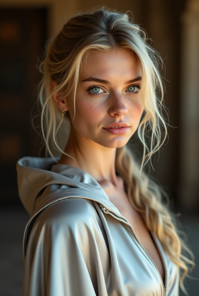 (RAW Photo) , beautiful blue-eyed girl in her 20s with long blonde hair in ponytail , (((ankle
length ((silver satin cape:1.20))+++ tied at the neck))) , leotard , full body, slight skin
blemishes, sly smile, high-quality ultra realistic style, warm tones, soft lighting, detailed
eyes, subtle freckles, professional, expressive , 8K , highly detailed