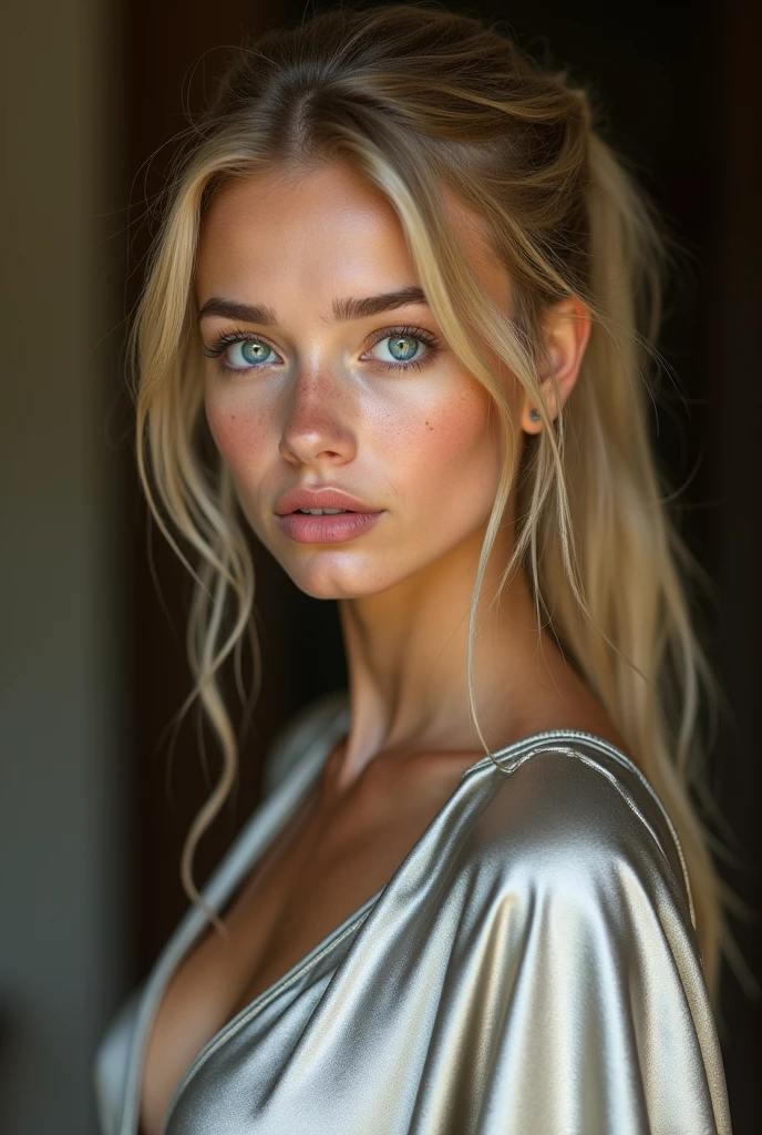 (RAW Photo) , beautiful blue-eyed girl in her 20s with long blonde hair in ponytail , (((ankle
length ((silver satin cape:1.20))+++ tied at the neck))) , leotard , full body, slight skin
blemishes, sly smile, high-quality ultra realistic style, warm tones, soft lighting, detailed
eyes, subtle freckles, professional, expressive , 8K , highly detailed