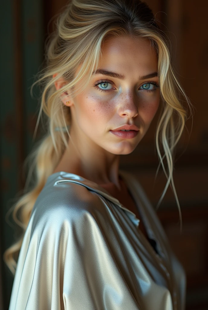 (RAW Photo) , beautiful blue-eyed girl in her 20s with long blonde hair in ponytail , (((ankle
length ((silver satin cape:1.20))+++ tied at the neck))) , leotard , full body, slight skin
blemishes, sly smile, high-quality ultra realistic style, warm tones, soft lighting, detailed
eyes, subtle freckles, professional, expressive , 8K , highly detailed