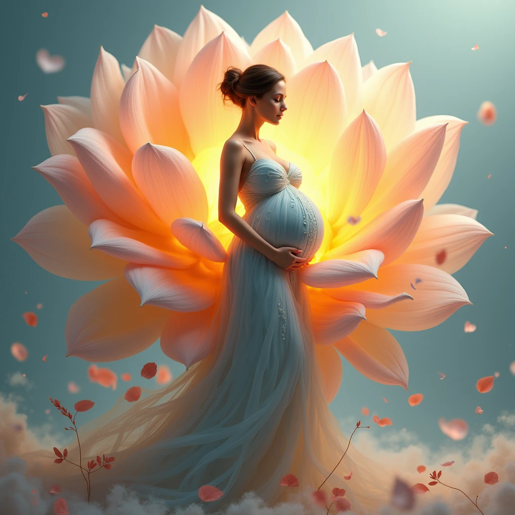 pregnant woman in blue  dress standing in a large flower, digital art inspired by Igor Kieryluk, trending on cg society, digital art, maternal photography 4 k, perky woman made of petals, pregnant belly, stunning elegant pose all pose different , flower goddess, lady with glowing flowers dress, maternity feeling, dressed in a flower dress, photo manipulation, beautiful and graceful, pregnant, leaf flowing in air