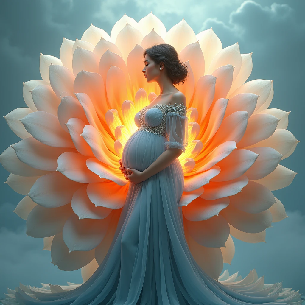 pregnant woman in blue dress standing in a large flower, digital art inspired by Igor Kieryluk, trending on cg society, digital art, maternal photography 4 k, perky woman made of petals, pregnant belly, stunning elegant pose all pose different , flower goddess, lady with glowing flowers dress, maternity feeling, dressed in a flower dress, photo manipulation, beautiful and graceful, pregnant, leaf flowing in air