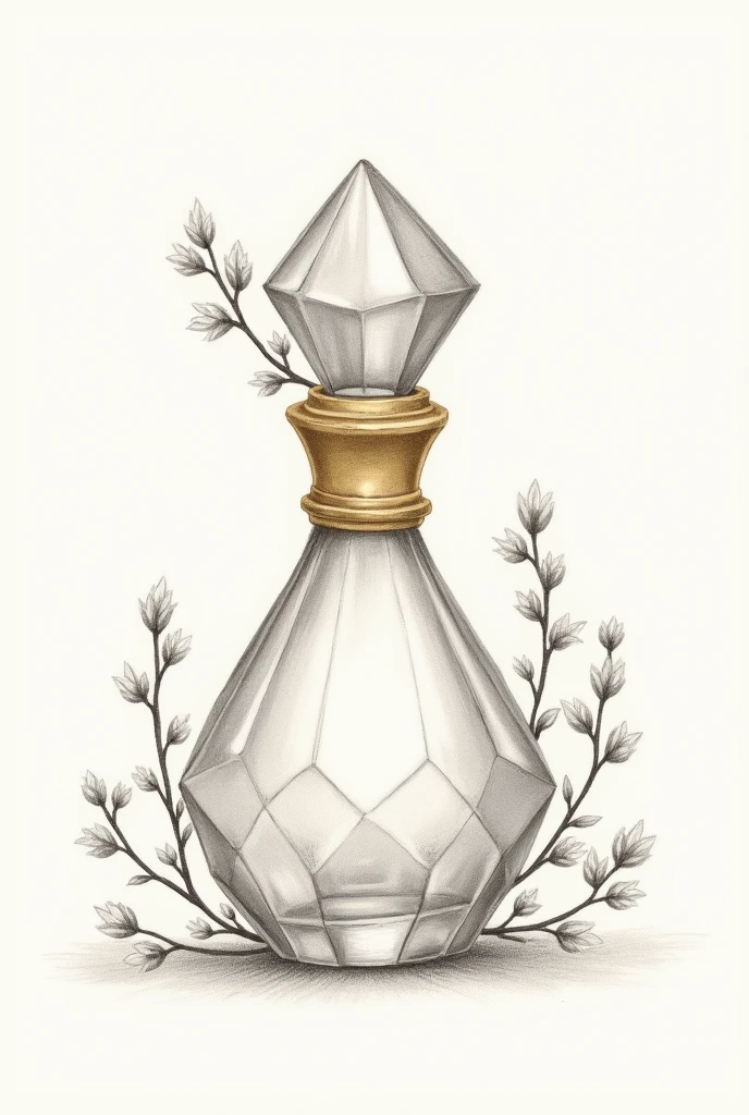 A painting with an antique diamond-shaped perfume bottle. dainty, colorless pencil drawing. vintage frasco, with small branches of flowers. Painting only on the golden lid