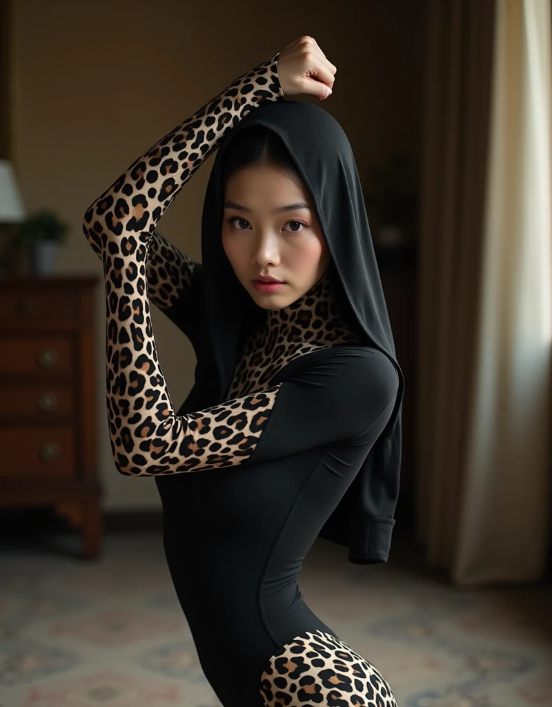 A most beautiful and thin chinese contortion girl wearing a glasses wears white leopard Lycra turtleneck unitard catsuit covered with seamless black leopard paterns.She always wear white leopard Lycra dancewear hijab-like hood.She has beautiful cheeks on her face.She is take part for contortion performance.She performs contortion in the house.She is my pet.