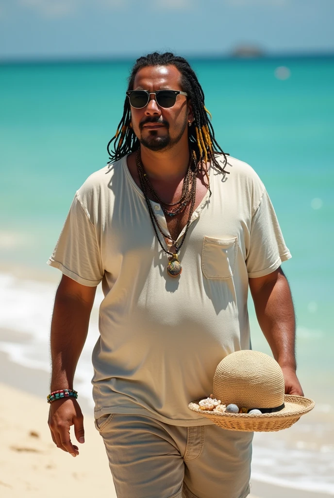 create the image of close-up of a street vendor on a beach in Venezuela. The vendor is a white American man, descendant of Spanish Canarians, with a builtfat type of body, he is a bit fat, he has slim arms, a product of sun and exercise. His face shape is rectangle type. His long, thick , straight black hair is delicately braided and adorned with fine yellow highlights that contrast with his tanned skin. His hairline type is rectangular shaped. He doesn´t have Neither beard nor moustache . His eyes are protected by modern sunglasses, which give him a relaxed and carefree air. His clothing is casual and summery: beach shorts that reveal his thick and slightly muscular legs and a loose t-shirt, ideal for the tropical climate. His appearance conveys positive energy and a relaxed lifestyle. The colorful braids and handmade accessories complement his bohemian look and connected with nature. He is around 30 years old, he is an extroverted person, with a free and adventurous spirit. His job as a seller of handmade jewelry suggests an artistic sensibility and a deep respect for nature, since his products are made with organic materials such as snails. The place where he sells is a paradisiacal beach, with fine white sand, the turquoise sea stretching to the horizon. The sun shines brightly, creating a warm and welcoming atmosphere. A gentle sea breeze caresses the skin and the sound of the waves breaking on the shore accompanies the scene. The seller walks at a leisurely pace along the shore of the beach, leaving footprints in the sand. His bare feet feel the soft texture of the sand as he looks out to sea. In one hand he carries a colorful tray with his handmade creations, necklaces and shell bracelets, which he proudly displays to potential buyers. His other hand gently swings a straw hat, which protects his face from the sun. Tourists strolling along the beach are attracted by his unique and original products, stopping to admire his creations and chat with the seller.