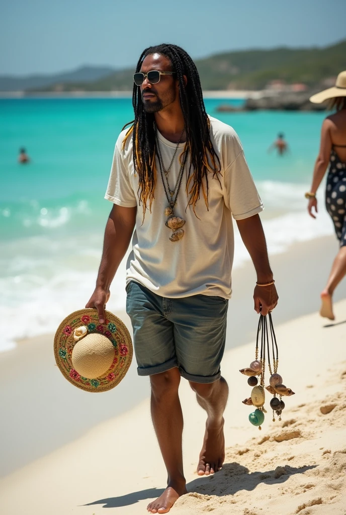 create the image of close-up of a street vendor on a beach in Venezuela. The vendor is a white American man, descendant of Spanish Canarians, with a builtfat type of body, he is a bit fat, he has slim arms, a product of sun and exercise. His face shape is rectangle type. His long, thick , straight black hair is delicately braided and adorned with fine yellow highlights that contrast with his tanned skin. His hairline type is rectangular shaped. He doesn´t have Neither beard nor moustache . His eyes are protected by modern sunglasses, which give him a relaxed and carefree air. His clothing is casual and summery: beach shorts that reveal his thick and slightly muscular legs and a loose t-shirt, ideal for the tropical climate. His appearance conveys positive energy and a relaxed lifestyle. The colorful braids and handmade accessories complement his bohemian look and connected with nature. He is around 30 years old, he is an extroverted person, with a free and adventurous spirit. His job as a seller of handmade jewelry suggests an artistic sensibility and a deep respect for nature, since his products are made with organic materials such as snails. The place where he sells is a paradisiacal beach, with fine white sand, the turquoise sea stretching to the horizon. The sun shines brightly, creating a warm and welcoming atmosphere. A gentle sea breeze caresses the skin and the sound of the waves breaking on the shore accompanies the scene. The seller walks at a leisurely pace along the shore of the beach, leaving footprints in the sand. His bare feet feel the soft texture of the sand as he looks out to sea. In one hand he carries a colorful tray with his handmade creations, necklaces and shell bracelets, which he proudly displays to potential buyers. His other hand gently swings a straw hat, which protects his face from the sun. Tourists strolling along the beach are attracted by his unique and original products, stopping to admire his creations and chat with the seller.