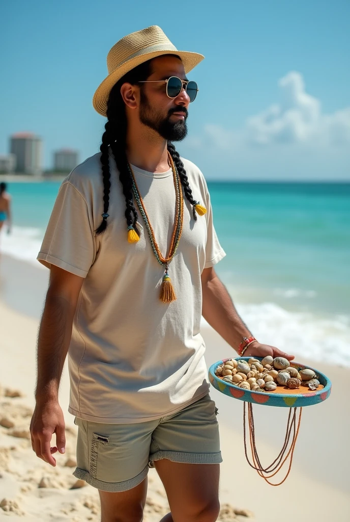create the image of close-up of a street vendor on a beach in Venezuela. The vendor is a white American man, descendant of Spanish Canarians, with a builtfat type of body, he is a bit fat, he has slim arms, a product of sun and exercise. His face shape is rectangle type. His long, thick , straight black hair is delicately braided and adorned with fine yellow highlights that contrast with his tanned skin. His hairline type is rectangular shaped. He doesn´t have Neither beard nor moustache . His eyes are protected by modern sunglasses, which give him a relaxed and carefree air. His clothing is casual and summery: beach shorts that reveal his thick and slightly muscular legs and a loose t-shirt, ideal for the tropical climate. His appearance conveys positive energy and a relaxed lifestyle. The colorful braids and handmade accessories complement his bohemian look and connected with nature. He is around 30 years old, he is an extroverted person, with a free and adventurous spirit. His job as a seller of handmade jewelry suggests an artistic sensibility and a deep respect for nature, since his products are made with organic materials such as snails. The place where he sells is a paradisiacal beach, with fine white sand, the turquoise sea stretching to the horizon. The sun shines brightly, creating a warm and welcoming atmosphere. A gentle sea breeze caresses the skin and the sound of the waves breaking on the shore accompanies the scene. The seller walks at a leisurely pace along the shore of the beach, leaving footprints in the sand. His bare feet feel the soft texture of the sand as he looks out to sea. In one hand he carries a colorful tray with his handmade creations, necklaces and shell bracelets, which he proudly displays to potential buyers. His other hand gently swings a straw hat, which protects his face from the sun. Tourists strolling along the beach are attracted by his unique and original products, stopping to admire his creations and chat with the seller.
