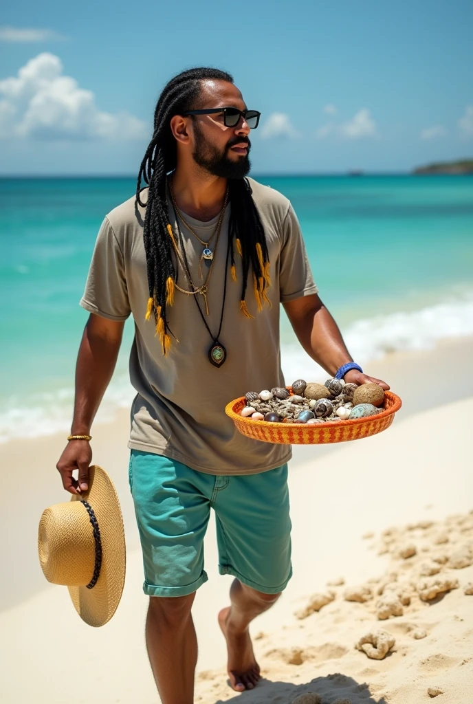 create the image of close-up of a street vendor on a beach in Venezuela. The vendor is a white American man, descendant of Spanish Canarians, with a builtfat type of body, he is a bit fat, he has slim arms, a product of sun and exercise. His face shape is rectangle type. His long, thick , straight black hair is delicately braided and adorned with fine yellow highlights that contrast with his tanned skin. His hairline type is rectangular shaped. He doesn´t have Neither beard nor moustache . His eyes are protected by modern sunglasses, which give him a relaxed and carefree air. His clothing is casual and summery: beach shorts that reveal his thick and slightly muscular legs and a loose t-shirt, ideal for the tropical climate. His appearance conveys positive energy and a relaxed lifestyle. The colorful braids and handmade accessories complement his bohemian look and connected with nature. He is around 30 years old, he is an extroverted person, with a free and adventurous spirit. His job as a seller of handmade jewelry suggests an artistic sensibility and a deep respect for nature, since his products are made with organic materials such as snails. The place where he sells is a paradisiacal beach, with fine white sand, the turquoise sea stretching to the horizon. The sun shines brightly, creating a warm and welcoming atmosphere. A gentle sea breeze caresses the skin and the sound of the waves breaking on the shore accompanies the scene. The seller walks at a leisurely pace along the shore of the beach, leaving footprints in the sand. His bare feet feel the soft texture of the sand as he looks out to sea. In one hand he carries a colorful tray with his handmade creations, necklaces and shell bracelets, which he proudly displays to potential buyers. His other hand gently swings a straw hat, which protects his face from the sun. Tourists strolling along the beach are attracted by his unique and original products, stopping to admire his creations and chat with the seller.
