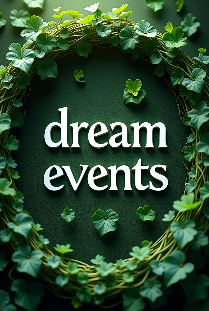 an image with white letters that say DREAM EVENTS with a green vine background that wraps around the letters

