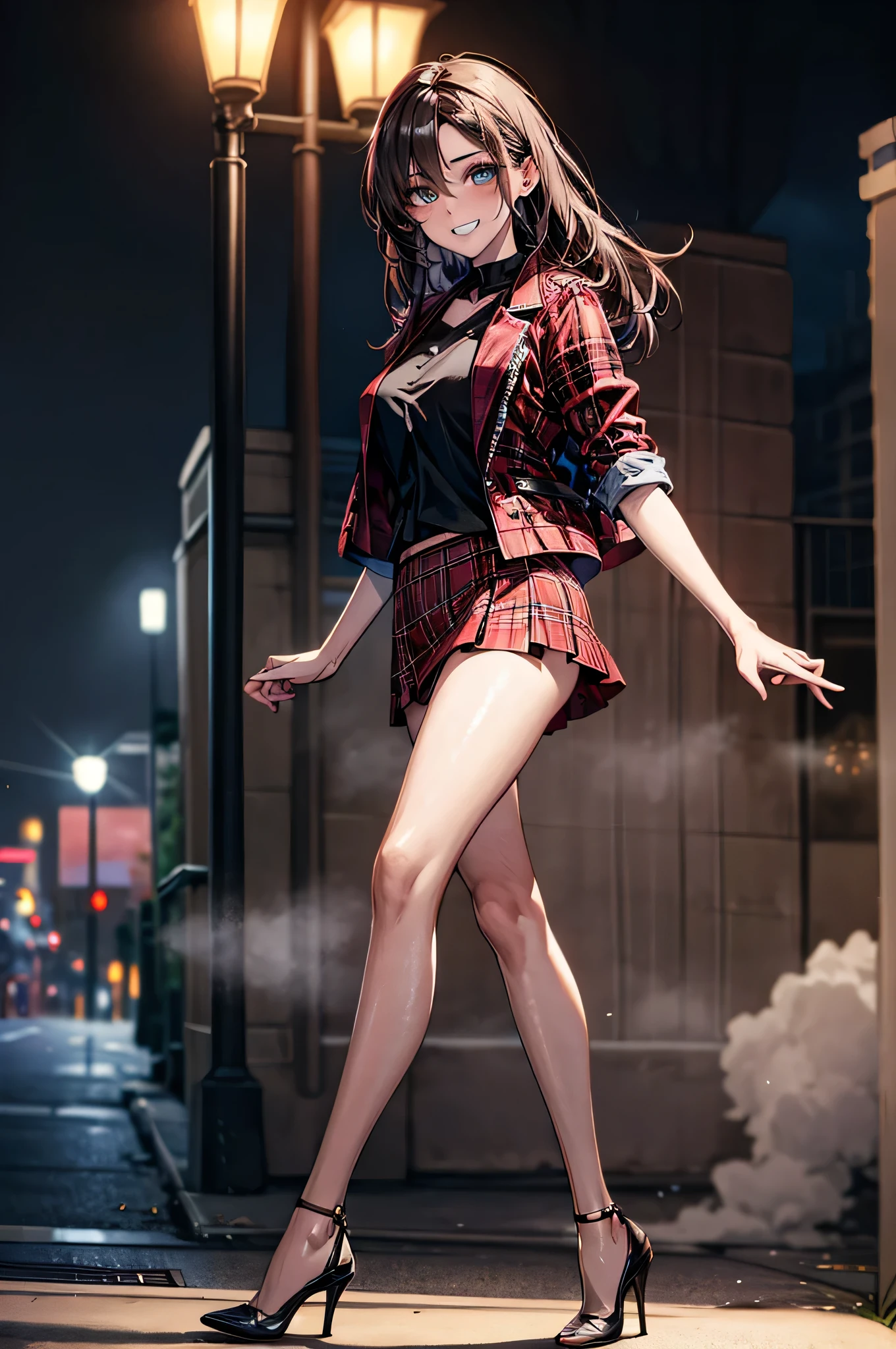 (Biologically correct limb count),Full body, including face,4K,Focus on the masterpiece face,Well-proportioned facial features,Delicate descriptive eyes,One beautiful woman,(Black shirt,red jacket,red plaid skirt),(Grin),looking at the camera,walking,,((High heels)),(Thick fog all around),Night outdoor streetlights