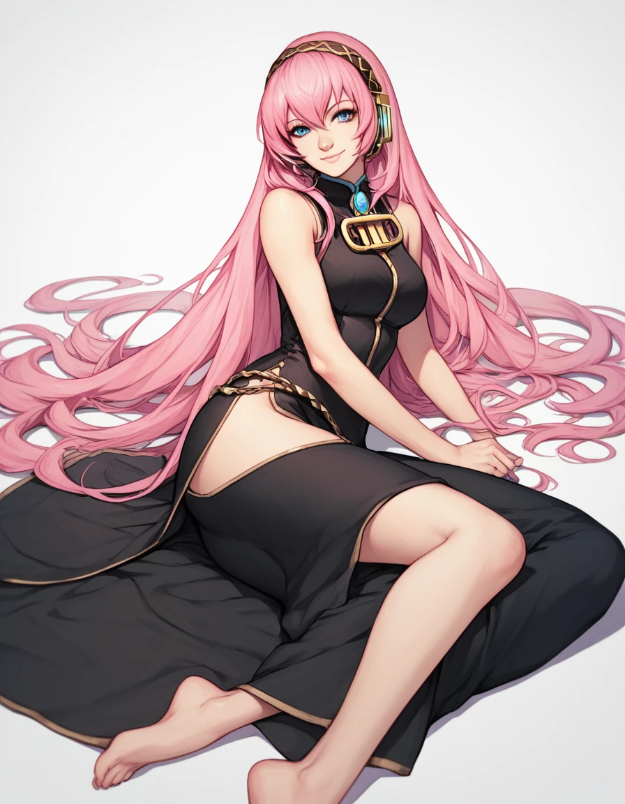 1 girl(cool, luka megurine, pink hair, long hair, straight hair, black headphone, sleeveless black short suit, side slit black skirt, black long socks, barefoot, smile), sit cross-legged 