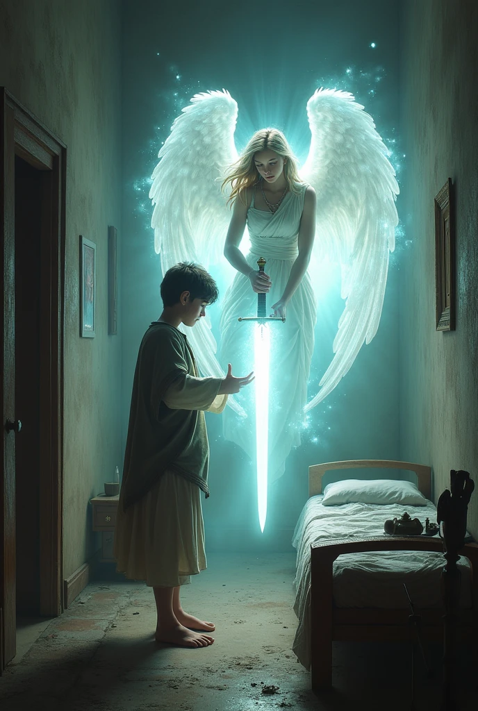 A young man, Elyon, stands in a small, humble room with a bed and a wooden table. In front of him, a majestic angel, glowing with radiant light, holds out a sword made of pure light. Elyon looks surprised and awed as he reaches out to accept the sword. The room is dimly lit, with the only source of illumination coming from the angel and the sword, (best quality,8K:1.2,High resolution:1.2),ultra-detailed,realistic, extremely detailed face,