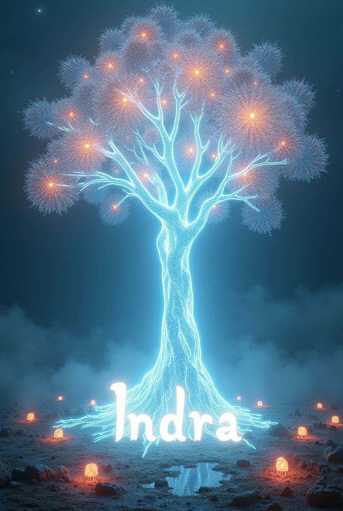 tree of white light with bright flowers on the sides, near the roots in the center the word "indra" is written with luminous and sinuous letters