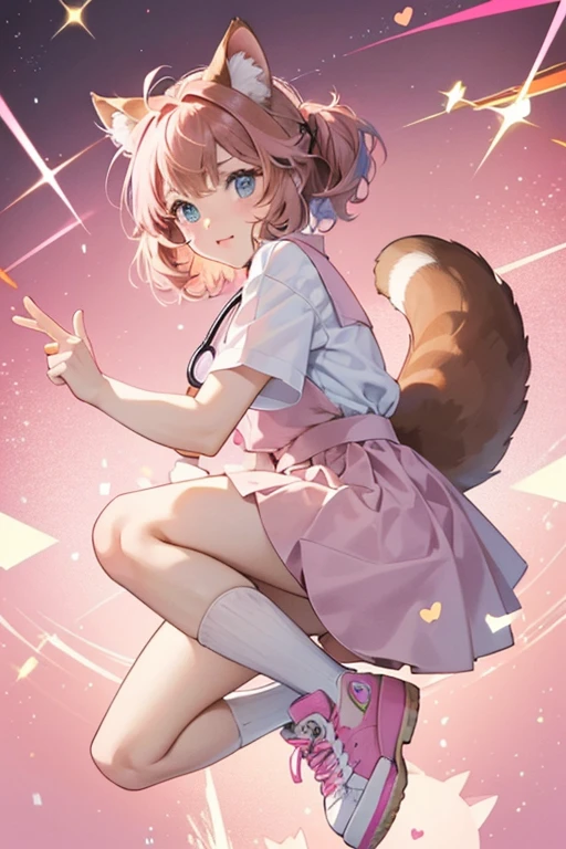 Carlin is a brown cat with ears and tail, with caramel and pink hair.
She wears a white doctor's top. Her skirt is covered in multi-colored cats, and pink hearts with paws.
She comes with a pink stethoscope and pink shoes. SPARKLE; GLITTER