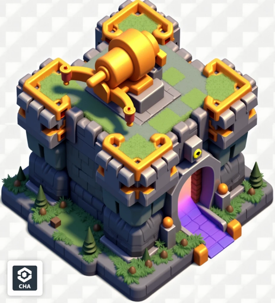 Create a medieval themed Clash of Clans tow haul with a multi-target crossbow on top. Yellow and blue colors. With spearheads sticking out from the sides.