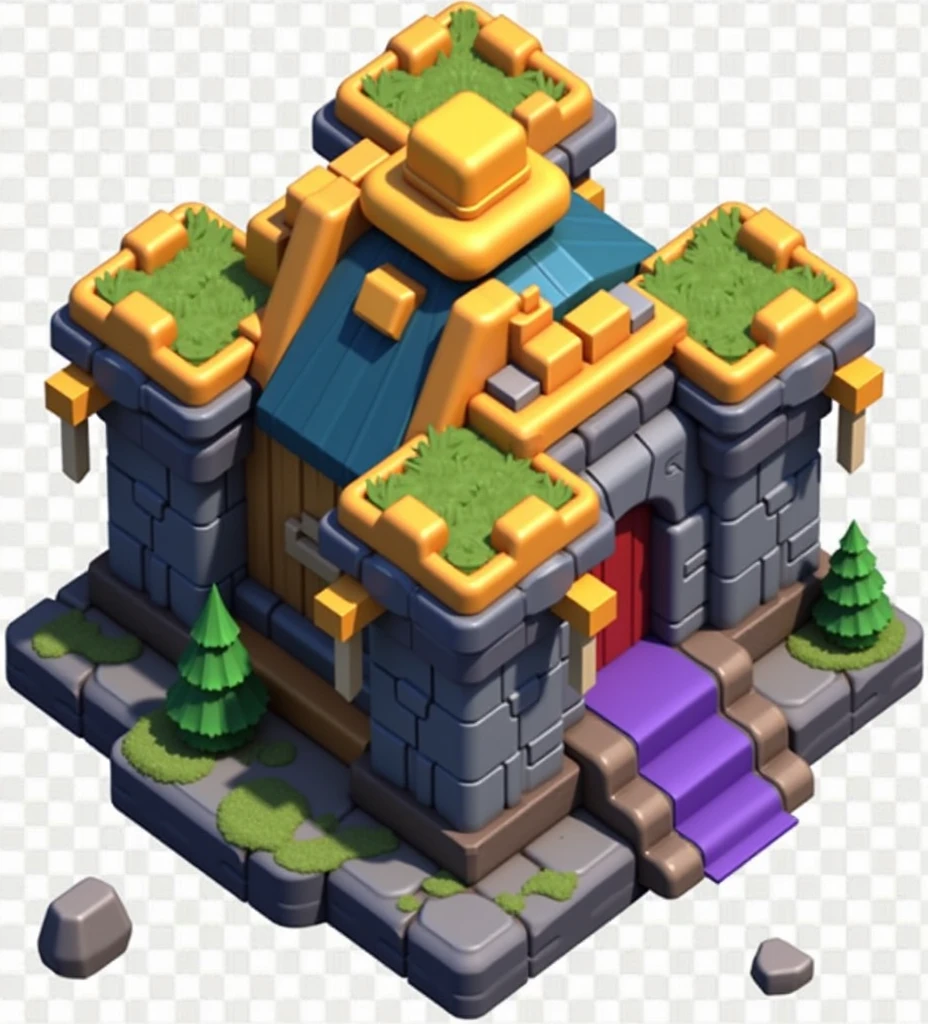 Create a medieval themed Clash of Clans tow haul with a multi-target crossbow on top. Yellow and blue colors. With spearheads sticking out from the sides.