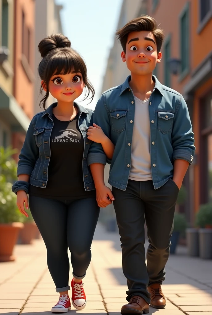 A couple arm in arm. 
She is smiling, has a robust build, wide legs, small ears, and a light complexion., wide nose big brown eyes hair in a bun and straight curtain bangs, you wore a black Jurassic Park blouse, with a black denim jacket, black jeans and red converse. He is of slim build, tez morena, wide nose small eyes short dark straight hair small ears wears a formal blue button-down shirt and black dress pants with brown shoes, protagonists of a Disney Pixar movie digital art. Walking down a street 
