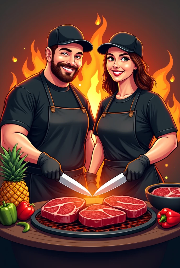 Create a professional logo  ,  with barbecue theme on the grill , special roast meat cuts  , two people , de avental preto , gloves and caps , two friends in drawing , one of the two chubby brothers , a little less realistic , feed the barbecue , and put pineapple and peppers , with the bottom on fire , with sharp knives 
