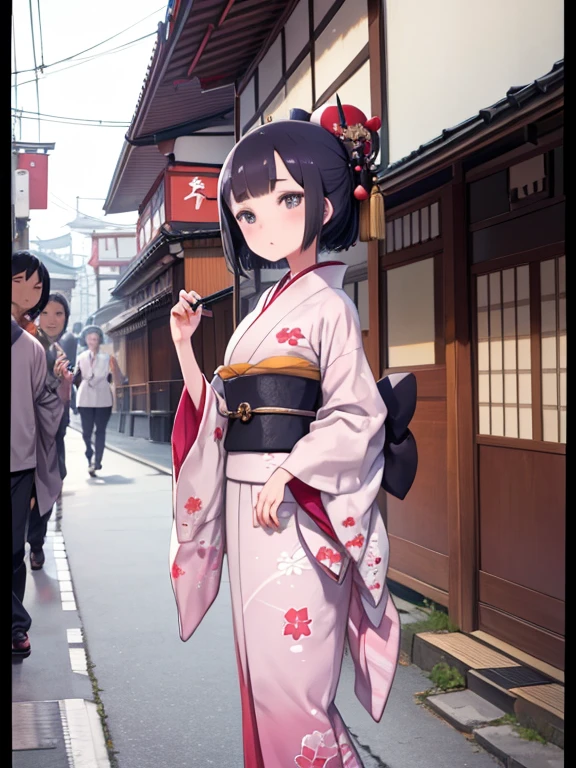 One Woman、Walking through the streets of Kyoto、geisha、Maiko、Kimono、Black Hair、Watching the audience、Angle from the front、