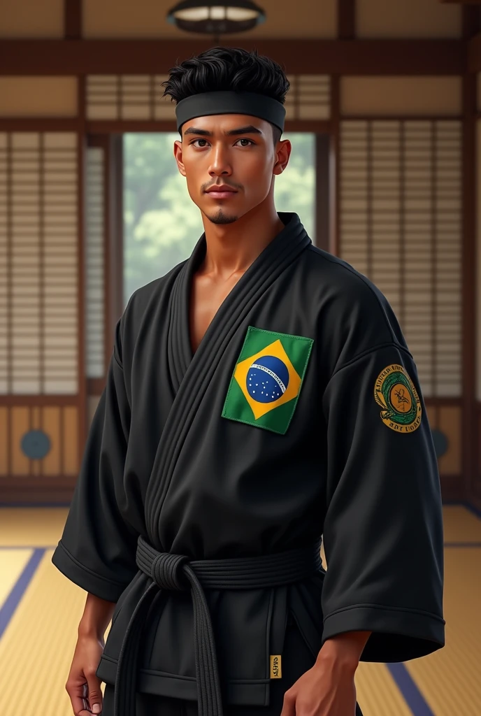 Features for AI to generate a photo:
(real-life)
with 18 years, he has white smooth skin a little tanned like a ager without a beard, short black hair, your haircut is a taper fade, he is very handsome, wearing a black Cobra Kai kimono and a black band on the forehead on the shoulder part of the kimono has a flag of 🇧🇷. he's brunette, and he is Brazilian 🇧🇷, has brown eyes. The background is a karate environment, like a dojo with tatami mats and traditional decor.