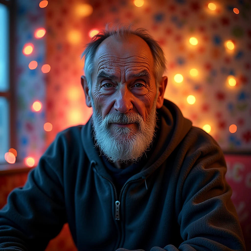 Old Russian, looking directly at the camera, not at the center, clear facial features, bright colors, light particles, with bright light, Mushhiv, wallpaper art, UHD wallpapers, vivid atmosphere, near an old house , village